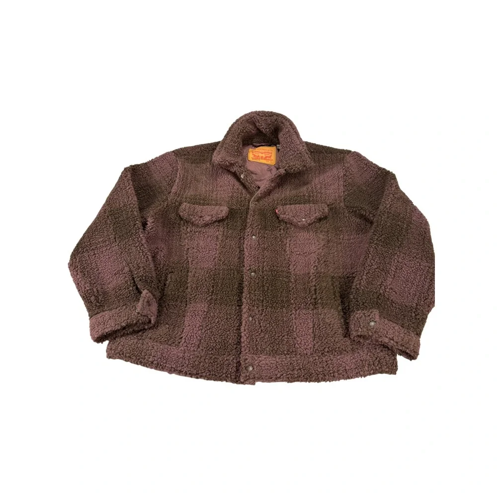 Levis Vintage Fit Sherpa Trucker Jacket Mens Large Purple Brown Plaid Fleece